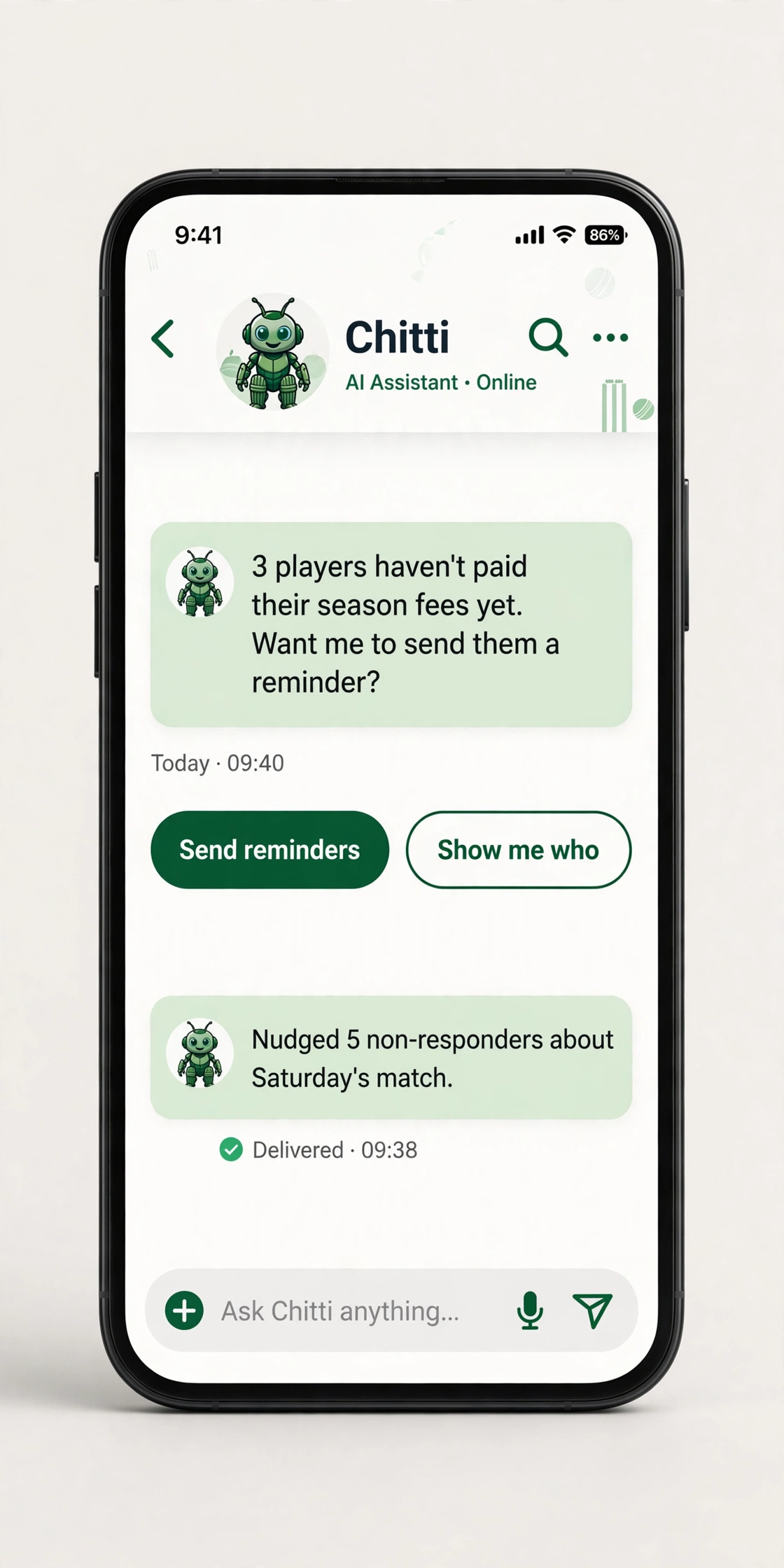 Chitti AI assistant concept — reminding players about unpaid fees and nudging match non-responders
