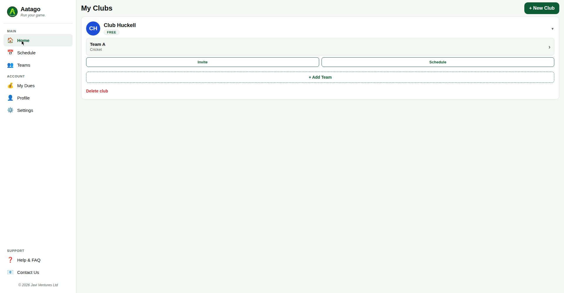 Aatago app dashboard showing clubs and teams